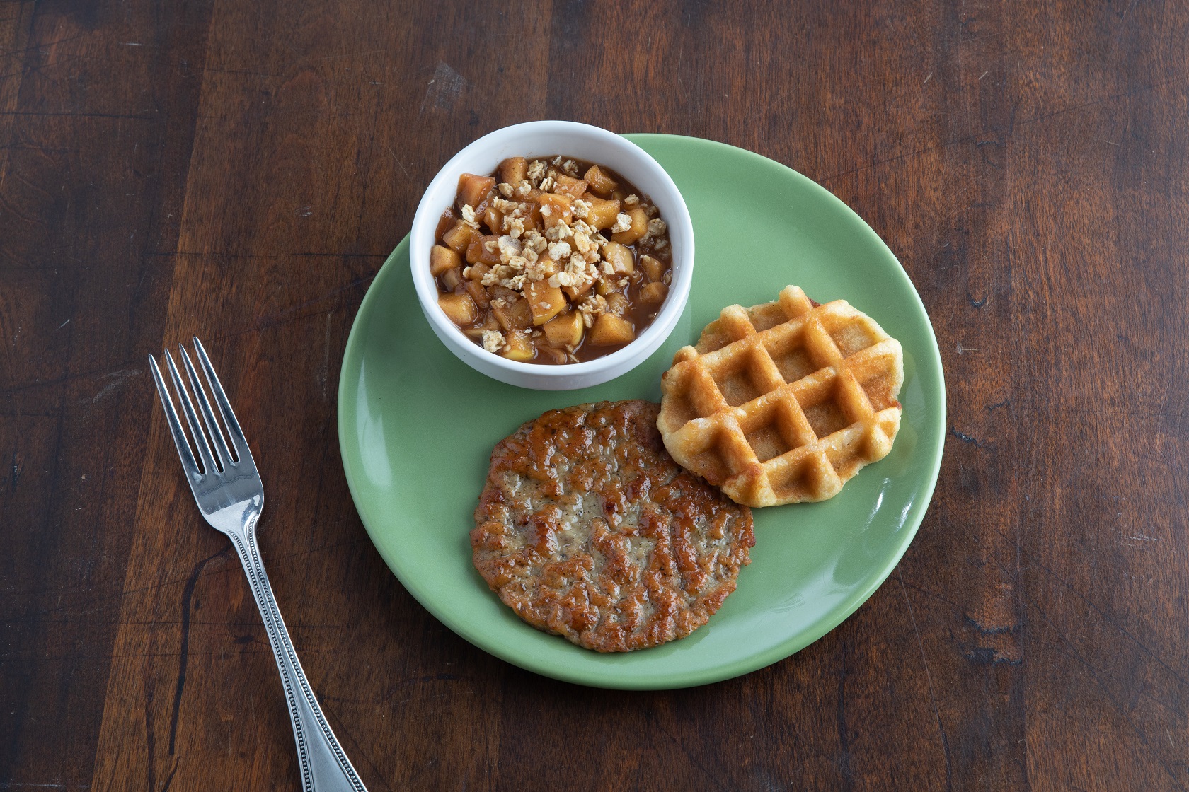 Maple Waffle, Pork Sausage Patty and Fruit Crisp